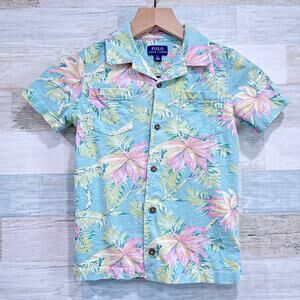 POLO Ralph Lauren Tropical Floral Jersey Knit Camp Shirt Blue Pink Cotton Boys 6